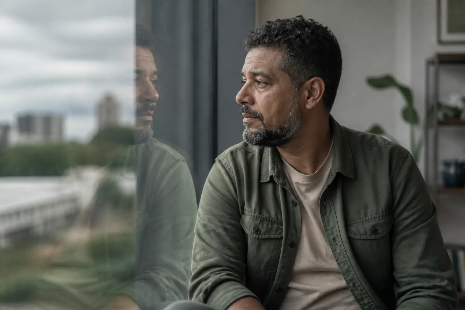 Homem observa a paisagem e o próprio reflexo junto a uma janela