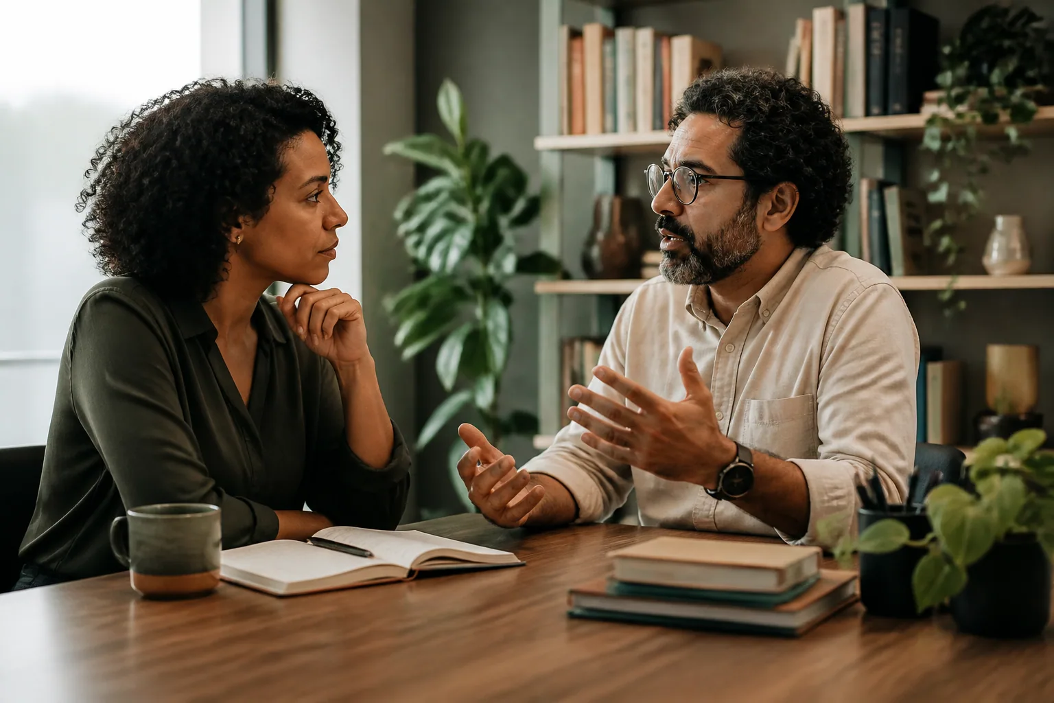 Duas pessoas mantêm uma conversa atenta com perguntas e escuta ativa